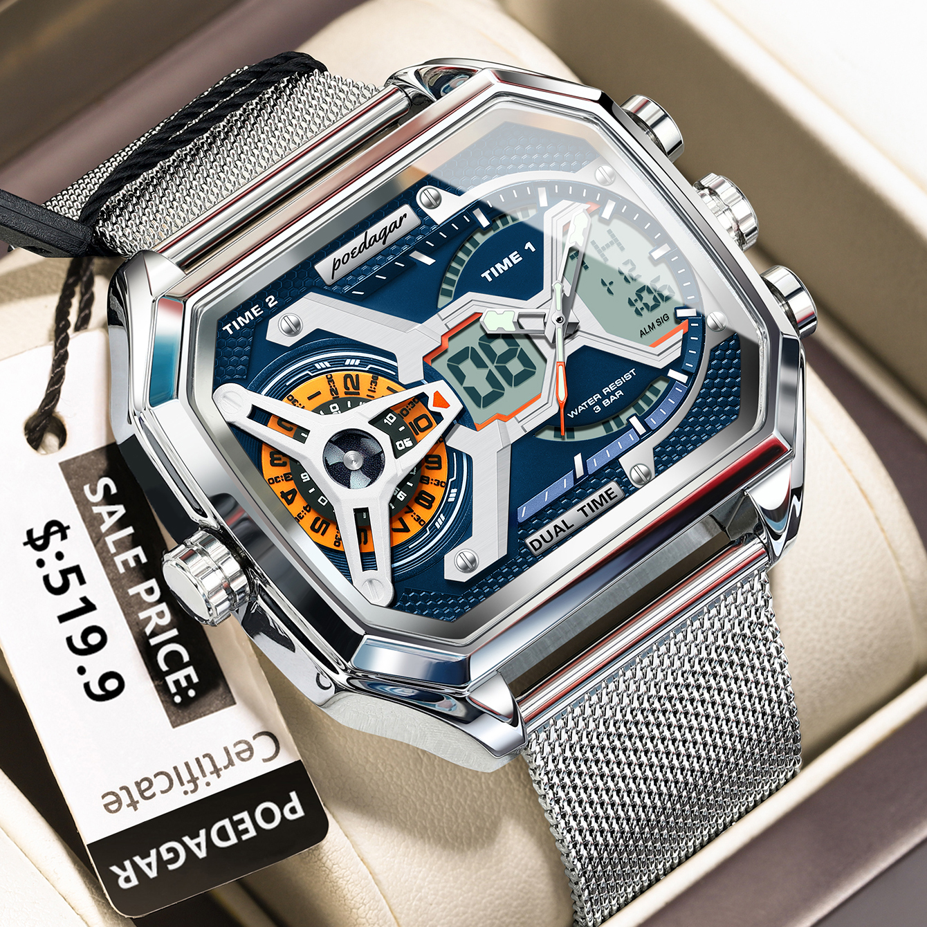 POEDAGAR, reloj de para hombre, reloj rectangular resistente al agua con fecha y semana LED para hombre, relojes electrónicos de cuarzo de acero inoxidable con malla para hombre: Bronze