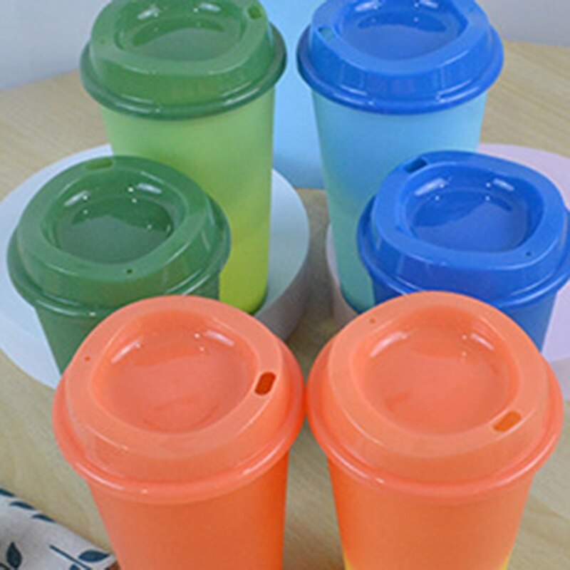 5 PCS/Set 16 OZ Plastic Reusable Color Changing Cold Water Coffee Cups With Lid Household Drinkware Kitchen Products