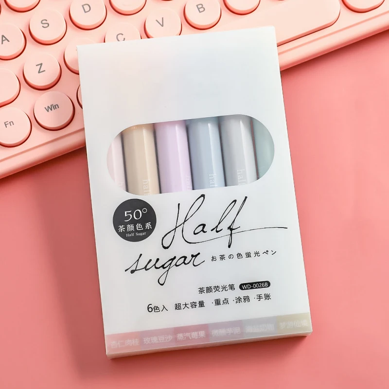 6 sztuk Kawaii półcukier zakreślacz kolorowy śliczny marker pastelowy zakreślacz fajne długopisy szkolne przybory szkolne zestaw papeterii: WHITE