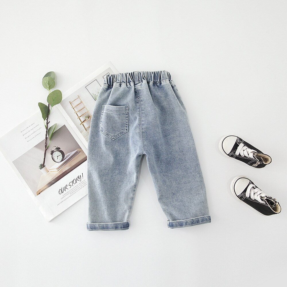 Unisex barn jeans casual popcorn tryck elastisk midja jeansbyxor koreanska tjejer höstbyxor pojkar jeans 1 2 3 4 5 år