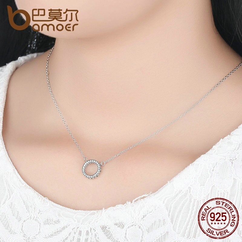 Bamoer 925 prata esterlina corações de marca clara forma redonda cz pingente colares para festa feminino jóias psn010