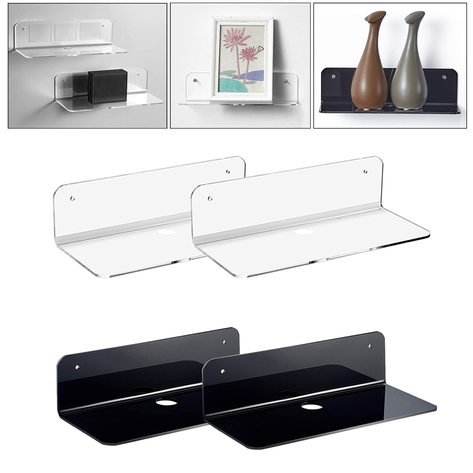 2x Acrylic Floating Wall Rack Small Display Shelf for Wireless Speaker Clear