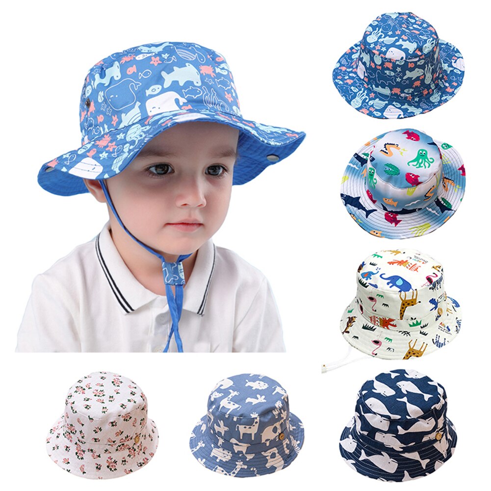 Sommer babyhat til piger drenge børn spandehat børn tegneserie dyreprint bred skygge anti-uv fiskerhat hagestrop spandhætte