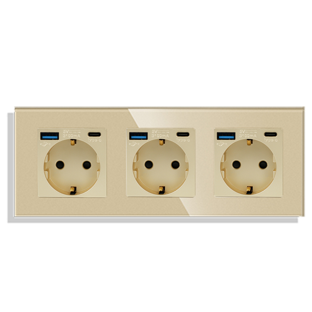 Bingoelec eu standard enkel eluttag kristallpanel 16a dubbla vägguttag trippel typ-c-kontakt glas fyrdubbla vägguttag: Typ 4