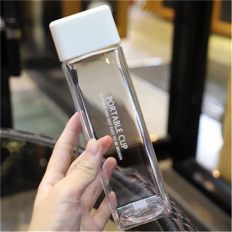 Cute Square Plastic Water Bottles BPA Free Transparent Frosted Outdoor Portable Camping Hiking Tour Drinking Bottle Water: Transparent White