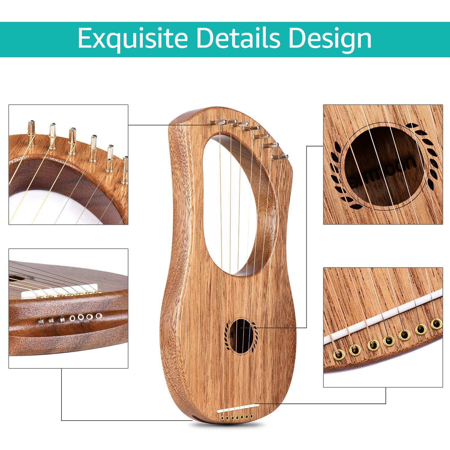 Ammoon 7-- strengs lyre harpe lyre i gammel stil terminalia tre strengeinstrument med bæreveske ekstra strengesett og tilbehør