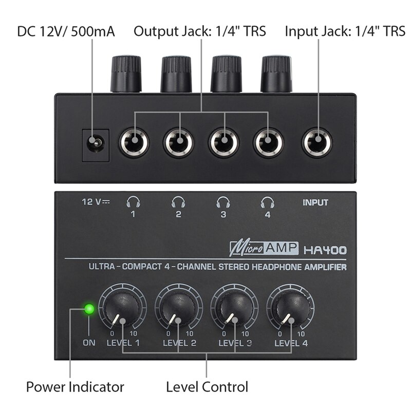 4- kanaals hoofdtelefoon stereo audioversterker, ultracompact, met voedingsadapter (eu-stekker)
