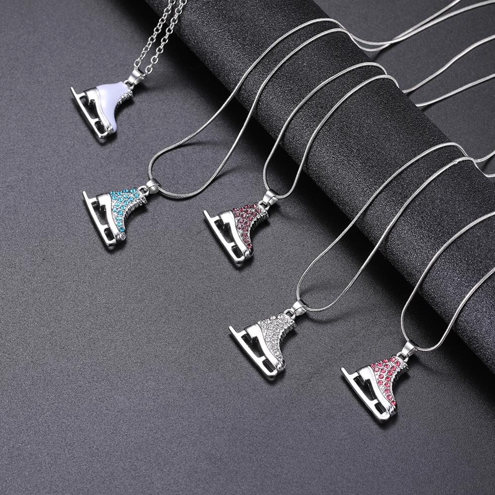 Zircon 3D Ice Skate Shoe Necklace White Enamel Luxury Blue Pink Crystal Family Chain Couple Pendant For Men Women Jewelry