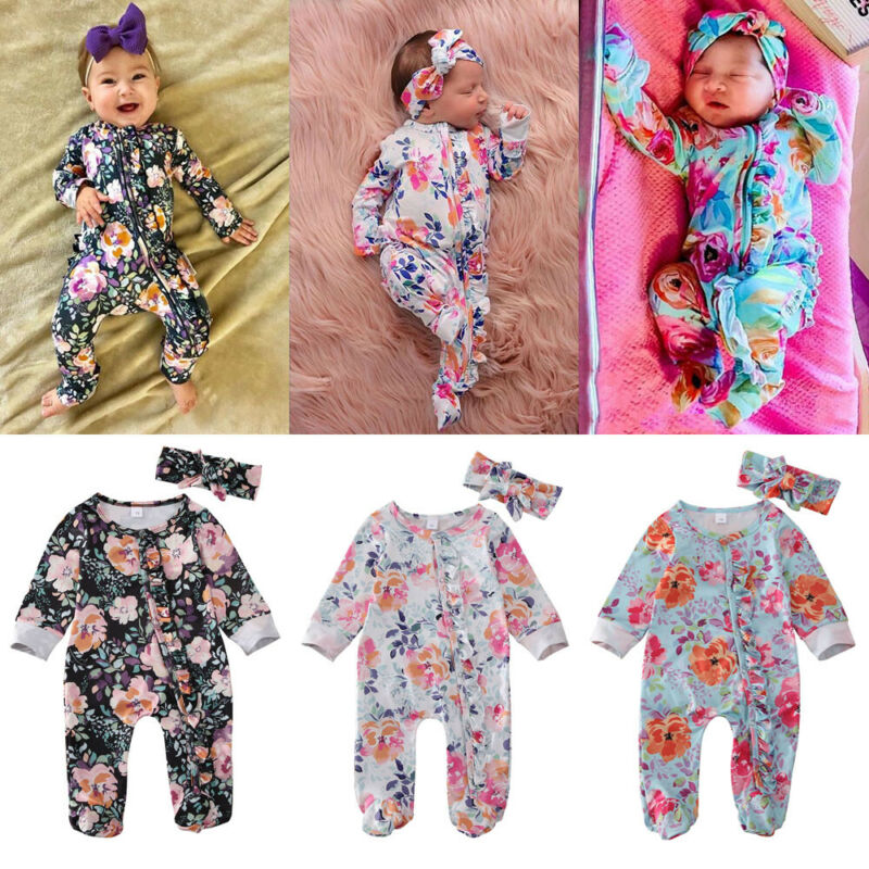 Cute Newborn Baby Girls Boys 0-6M Footies Floral Print Long Sleeve Ruffles Single Breasted Playsuit Headband Clothes Outfits