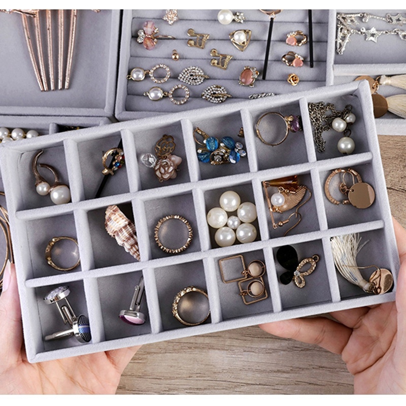 Plateau à bijoux empilable en velours doux, présentoir de bijoux, boîte de rangement Portable pour bagues, boucles d'oreilles, colliers, boîte de rangement, porte-bijoux