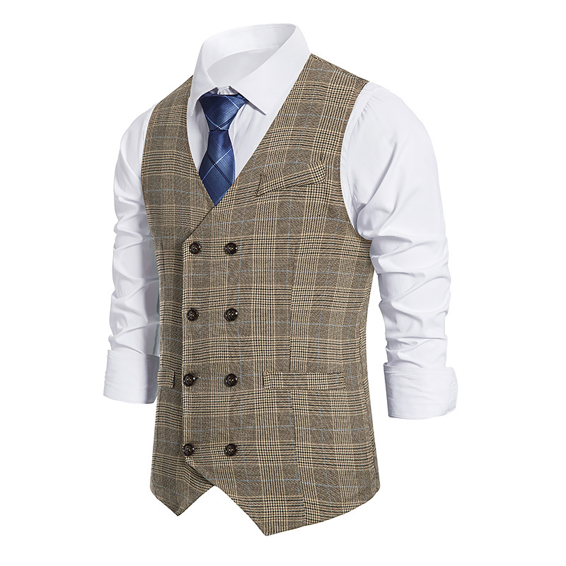 Men's Vests Fall European Code Men's Plaid Double-breasted Vest Suit Retro Waistcoat
