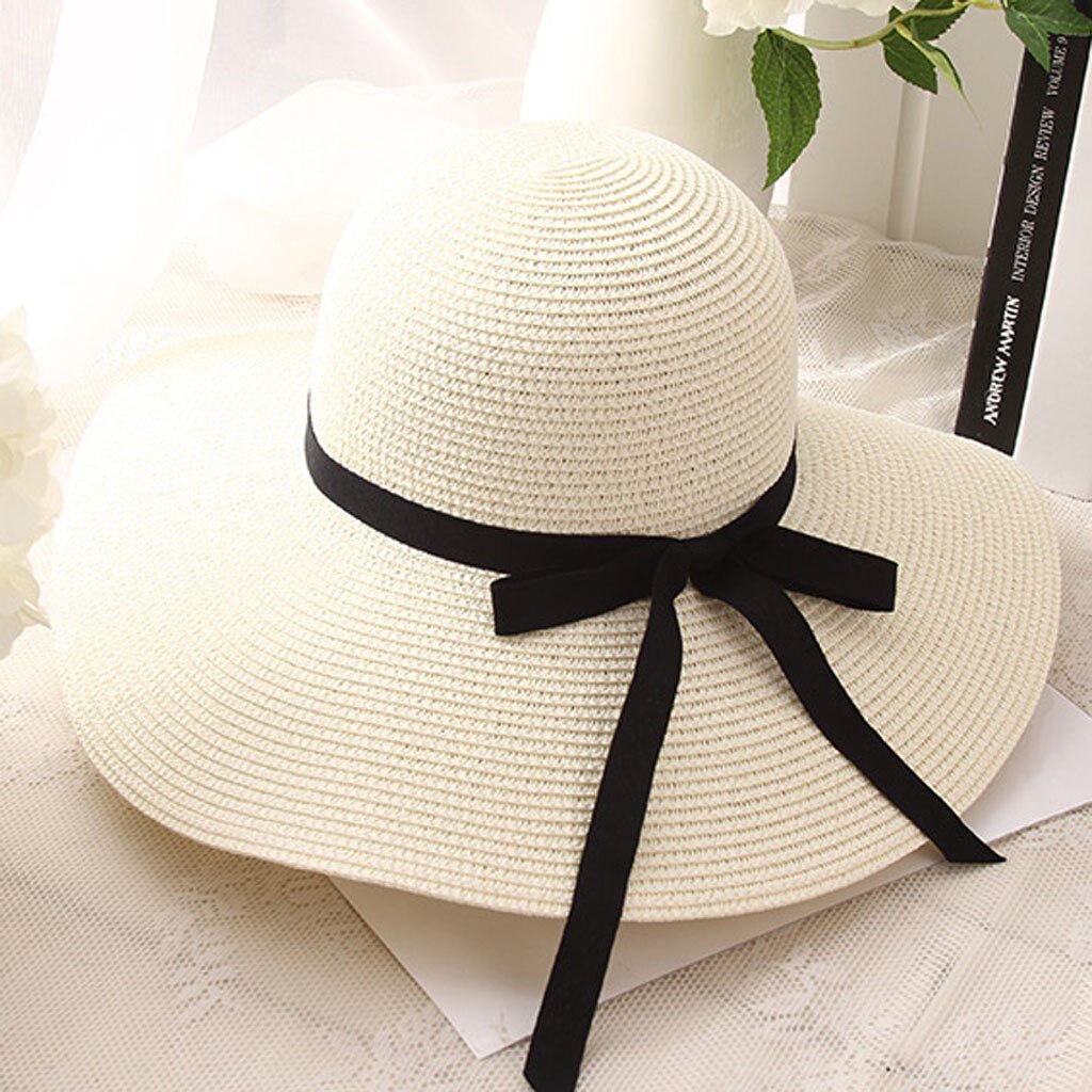 Summer Straw Hat Women Wide Brim Beach Sun Hats Ladies Floppy Beach Sun Foldable Cap Summer Wide Brim Straw Hat: Beige