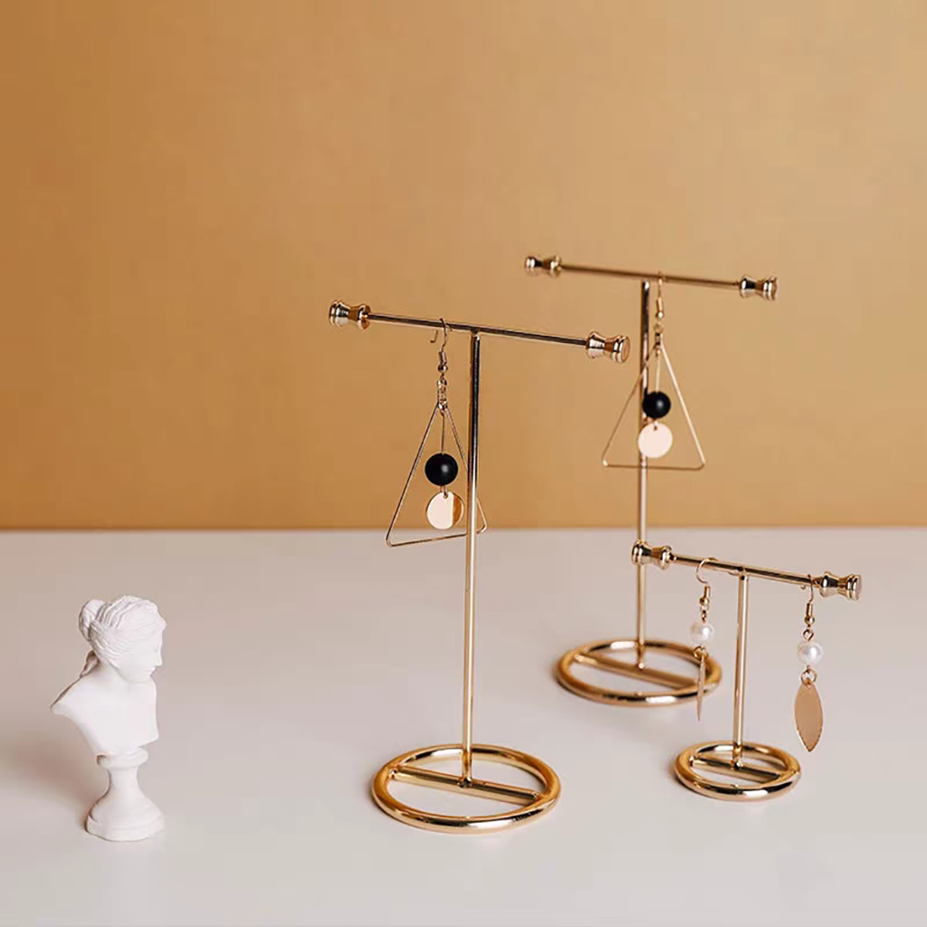 Metal Earring Display Stand Women Desk Jewelry Organizer Gold Color T-bar Ring Necklace Showing Shelf Jewelry Rack