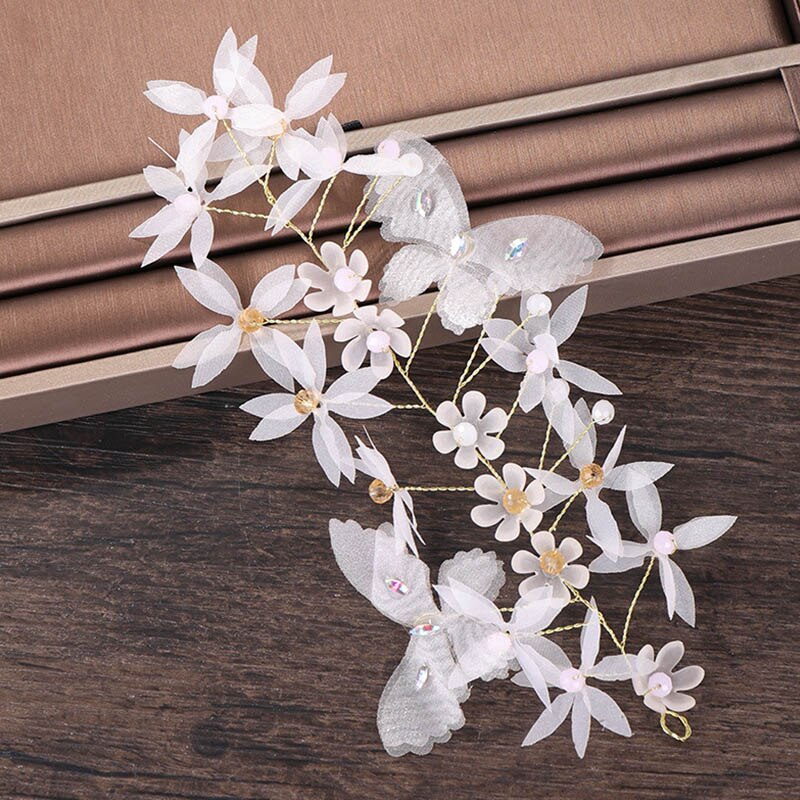 FORSEVEN White Butterfly Flower Beads Long Tassel Headband Earrings Women Headpiece Wedding Accessories Bride Jewelry Sets JL