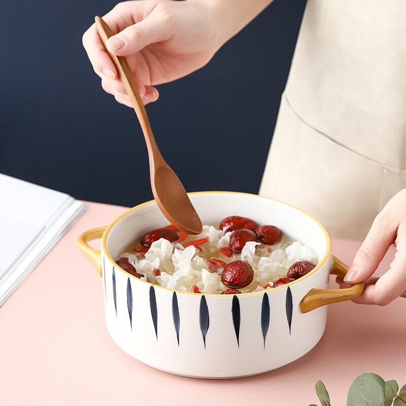 Ceramic Color glazed Double Ear Bowl with Lid Stew Breskfast Steamed Egg Pudding Bowl Baking bowl Kitchen Supply