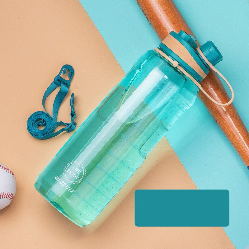 Borraccia sportiva da 2 litri di grande capacità con cannuccia acqua potabile trasparente in plastica trasparente a tenuta stagna con cinghie senza BPA: blu verde
