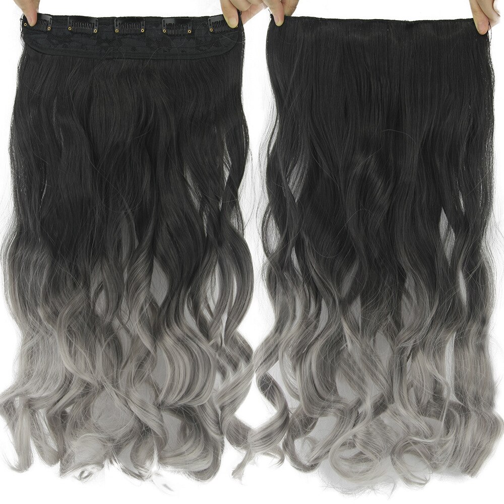 Gres Women 24inch Long 5 Clip-in Hair Pieces Wavy Grey Ombre Synthetic Hair Extensions High Temperature Fiber Smoky Gray Color