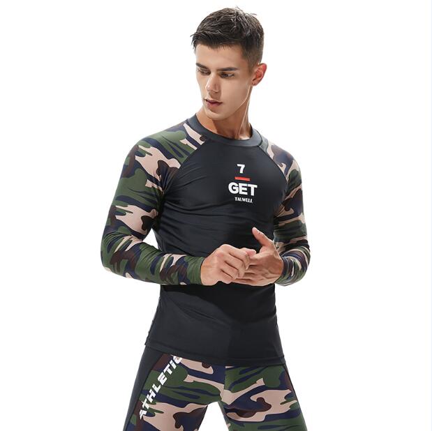 Herr långärmad rash guard sportkläder skarva uv solskydd bas skinn kamouflage surfing dykning simning t-shirt: Svart / L