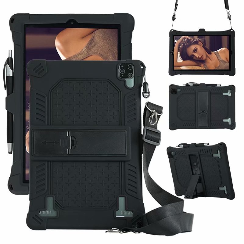 Funda de silicona blanda para tableta PC de 10,1 pulgadas, 25x16cm, 10,1 pulgadas, 3G/4G, Android, a prueba de golpes, bolígrafo y correa: black