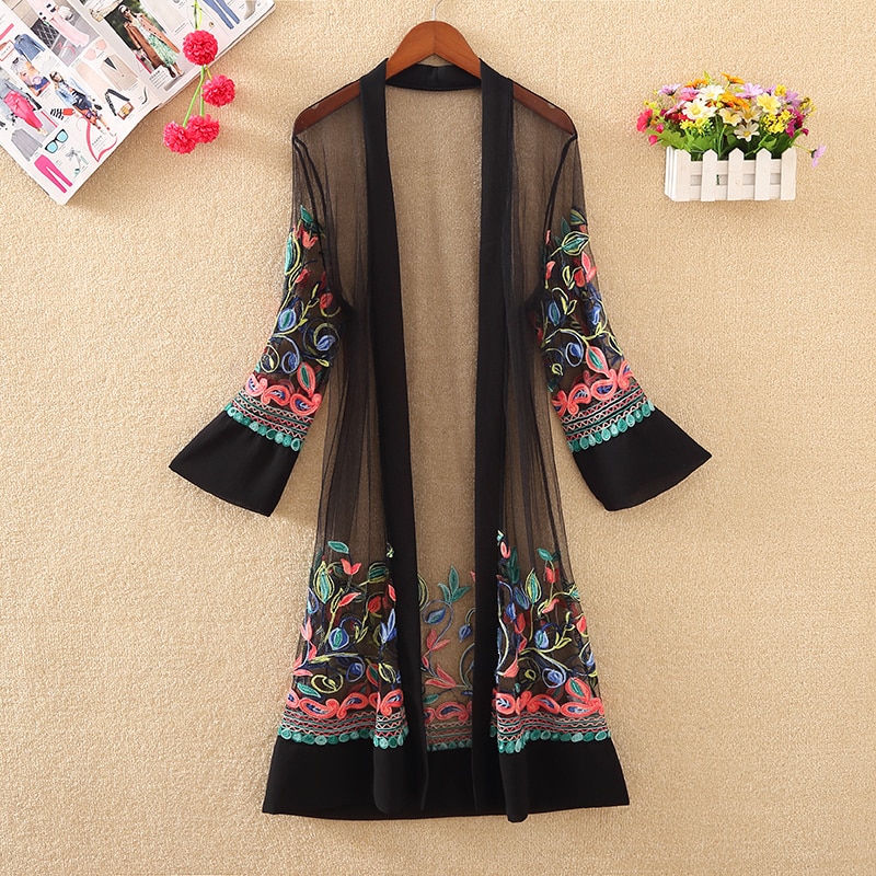 Kvinder blomstret broderet lang jakke sommernet cardigan afslappet lange ærmer tynde frakker damer vintage strandhvide overtøj
