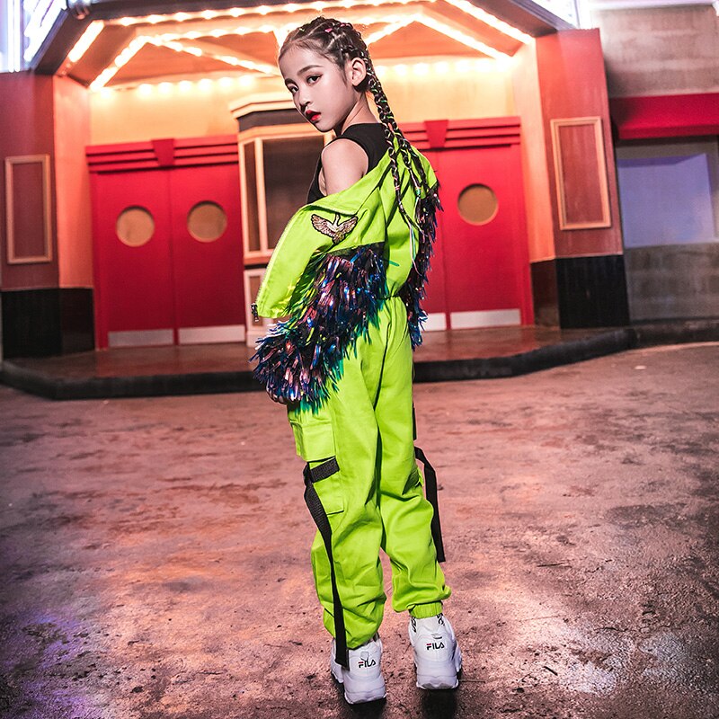 Hip hop dans kostumer fluorescerende grøn kvast frakke piger jazz tøj børn street dans scene performance slid  dn4099