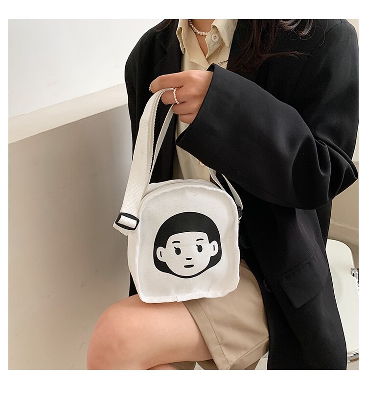 Adolescentes moda caráter padrão mini bolsa de lona alça larga bolsa de ombro para mulheres estilo japonês aleta casual sacoche homme