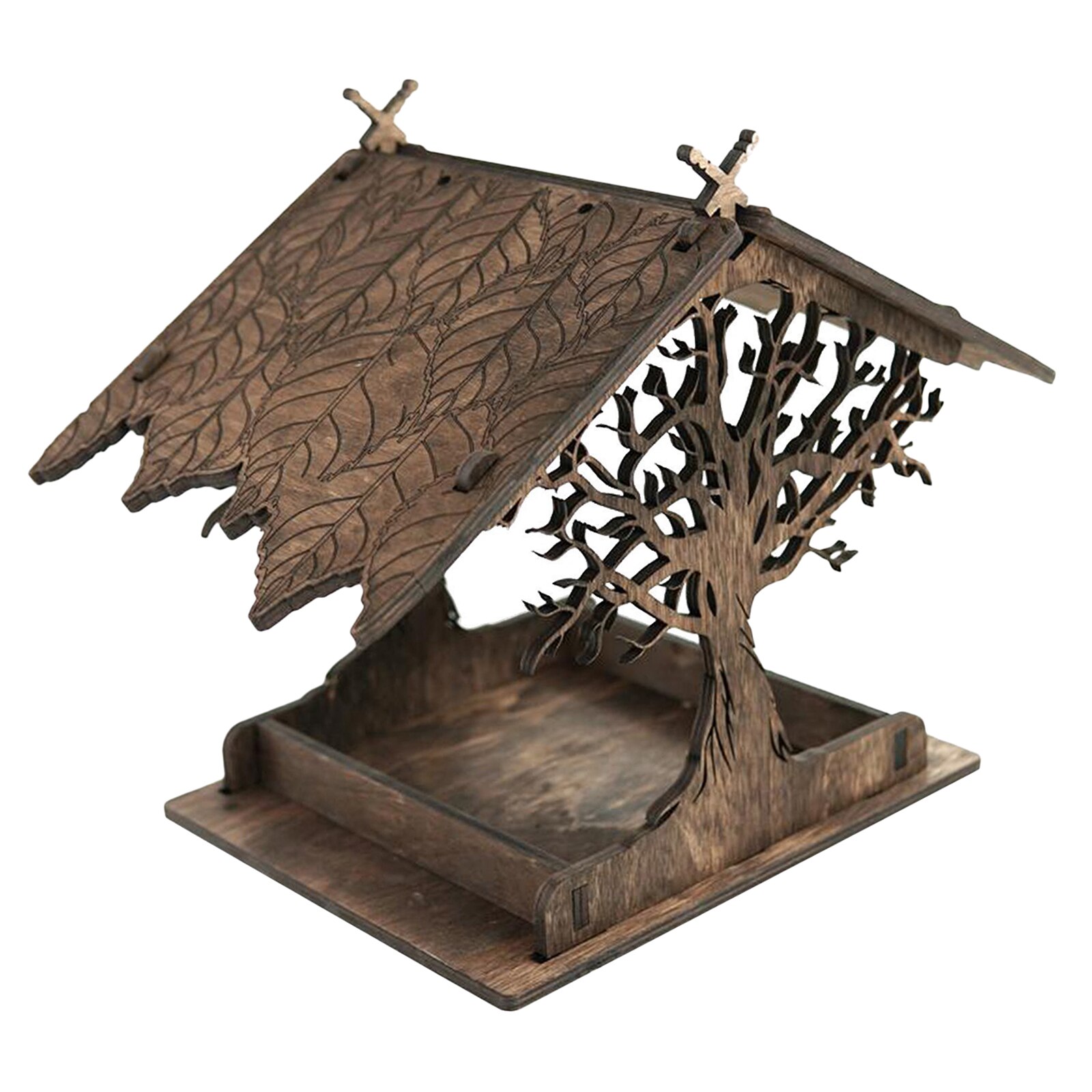 Fuglemater i tre, frømater i massivt tre med tak, silhuettsider til å tiltrekke fugler hageinnredning