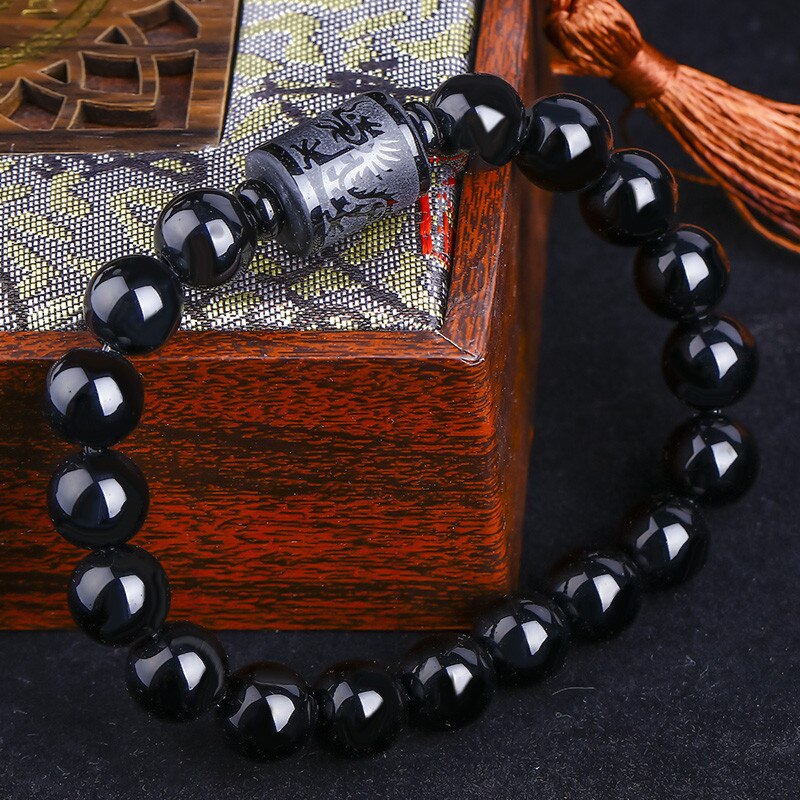 Braceletes de cristal de cristal preto obsidian grânulo de dragão phoenix strand pulseira