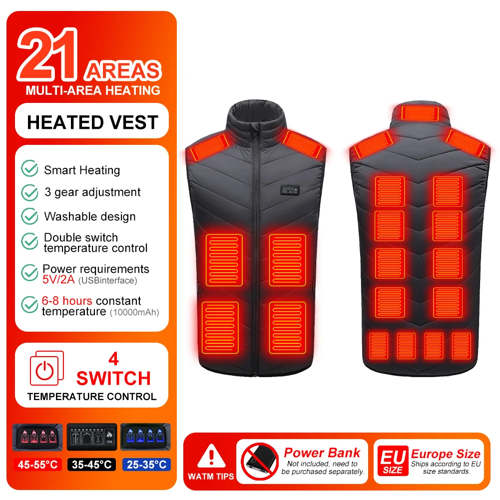 Mannen Vrouwen 21 Verwarmingszones Verwarmd Vest Usb Aangedreven 3 Versnellingen Temperatuurregeling Winter Warm Vest Voor Outdoor Camping Eu Maat: L
