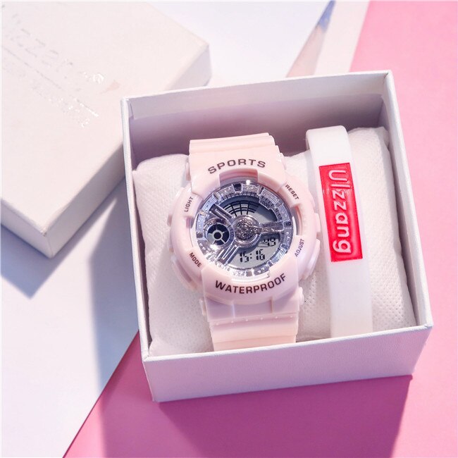 Unieke dameshorloges, wit dames sporthorloge, waterdicht, dual time led digitaal horloge voor meisjes en jongens, trendy: Roze zilver