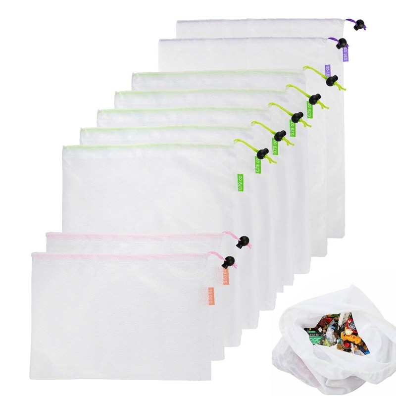 Herbruikbare Polyester Fruit Groente Zakken Met Trekkoord Thuis Keuken Opslag Mesh Zakken Machine Wasbaar