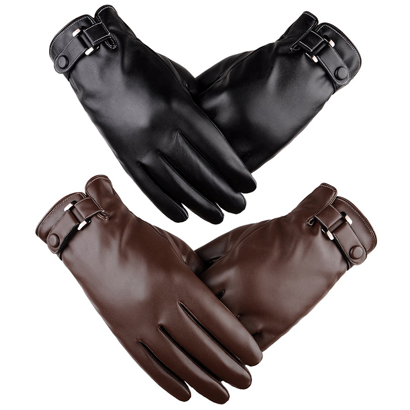 Herren Winter Leder Warme Handschuhe Männer Wasserdicht Faux Fahren Dünn für Touchscreen Braun Guantes