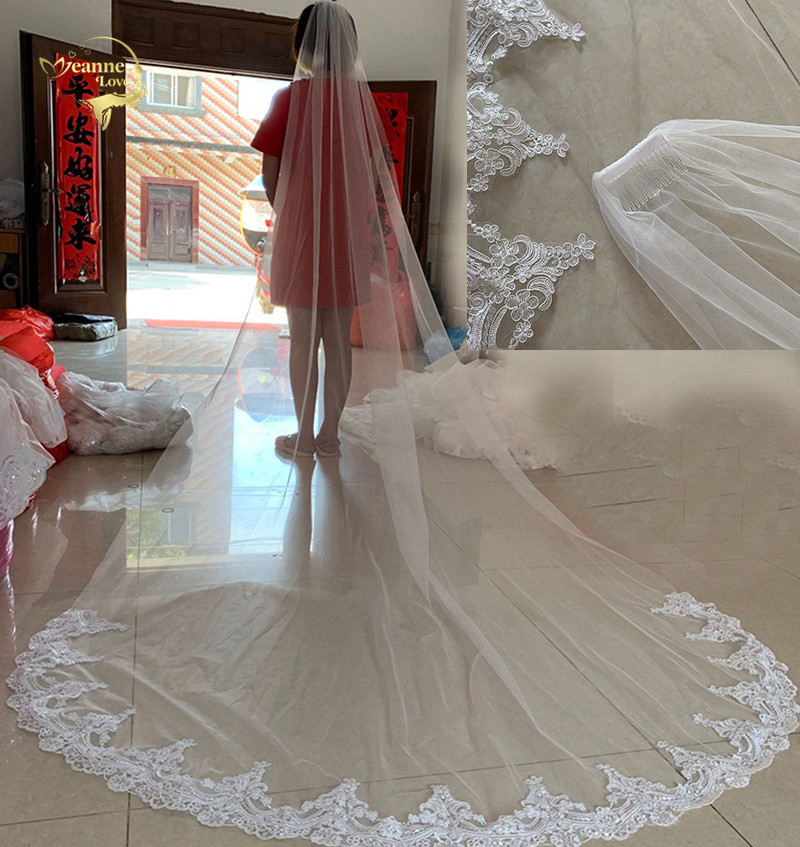 Véu de noiva branco/marfim, véu de casamento longo de 3m com borda de renda única camada catedral, acessórios para vestido de casamento fotos reais