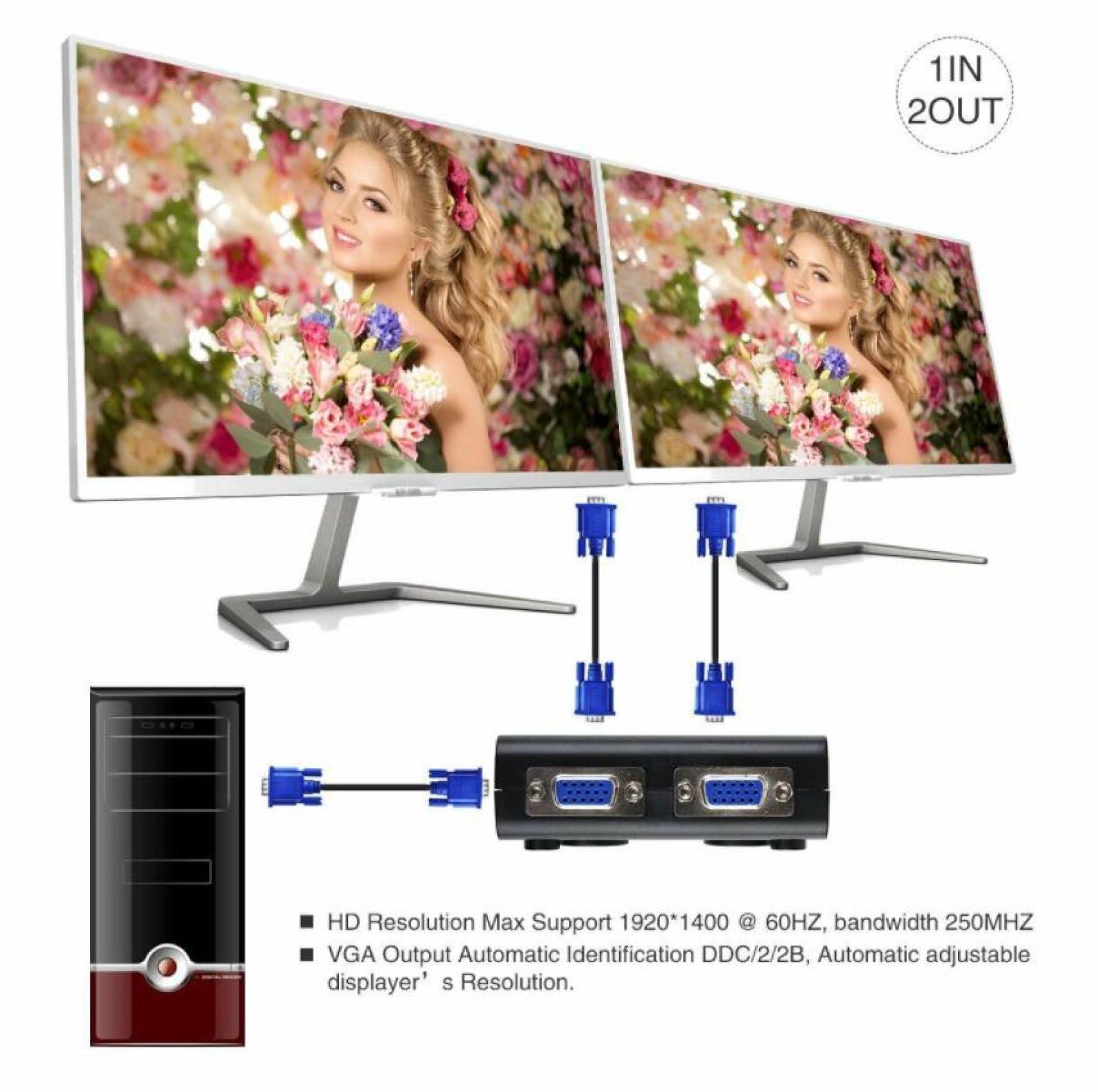 1 Stück auf 2 Monitor 2 Ports VGA-Video-Splitter-Duplikator 1 in 2 out 250 MHz Gerät kaskadierbare Stiefel Videosignale 65 m 1920 x 1440