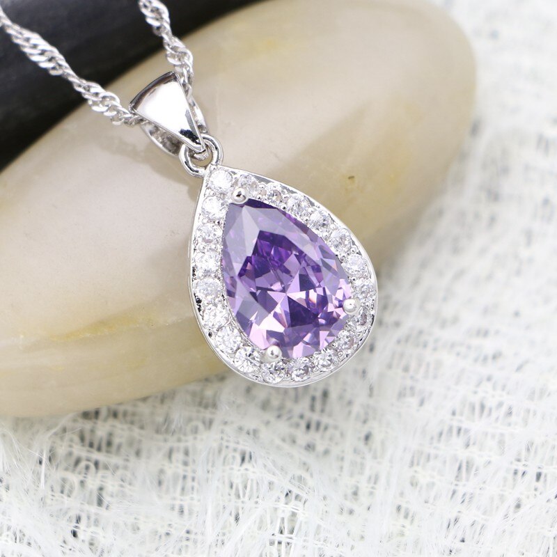 Collier de mariée en argent 925, pendentif goutte d&#39;eau, zircon cubique violet pour femmes