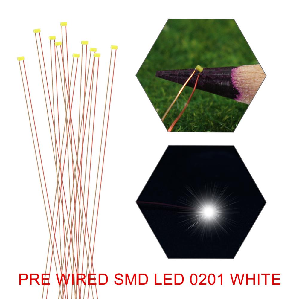10 stk. kabelforbundet smd 0201 ledet lys hvid / varm hvid model tog ho n oo skala for loddet mikrolitz 0201 led ledninger: Lys hvid