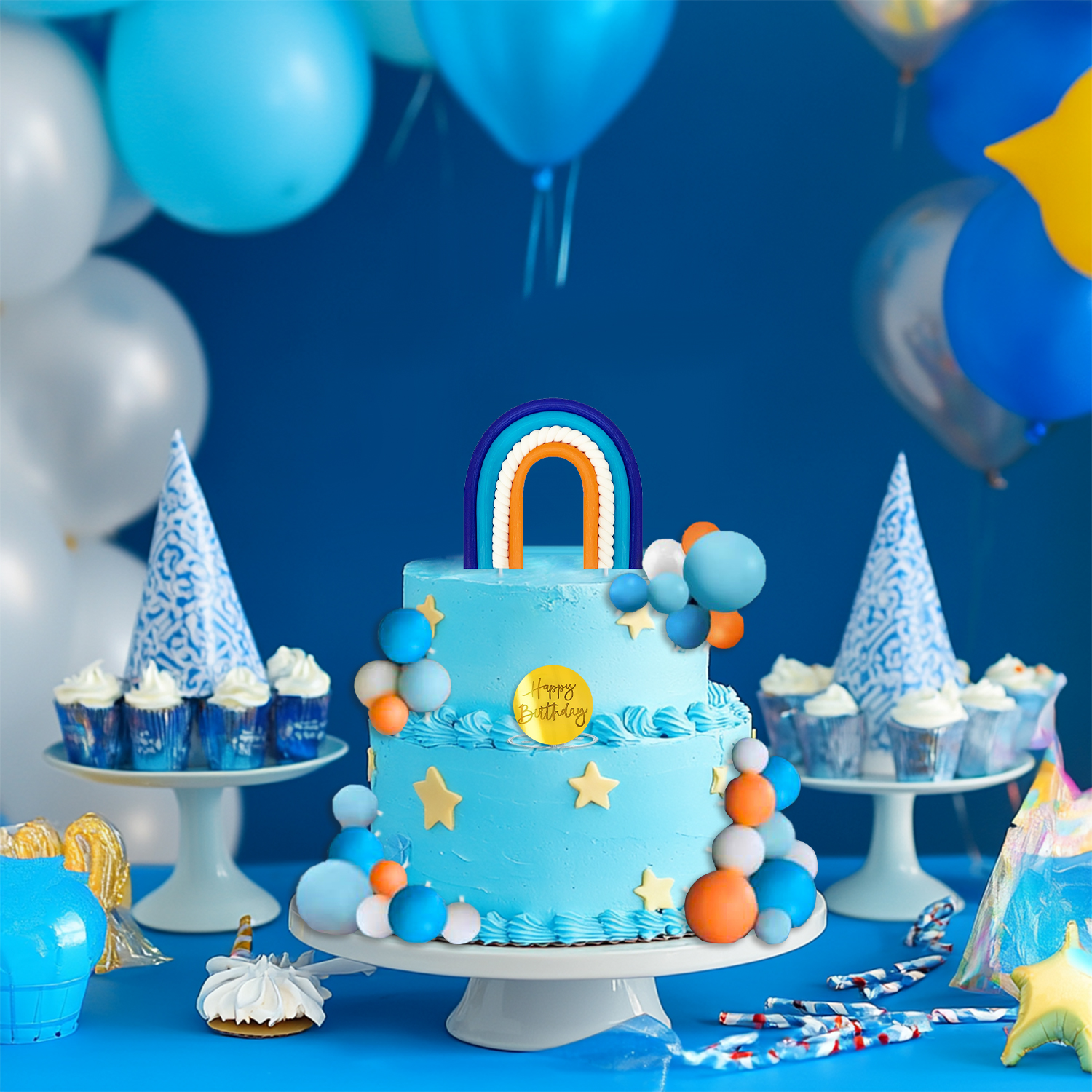 32 stk. blå regnbue kaketopper med blå oransje bal... – Vicedeal, image size:1500x1500