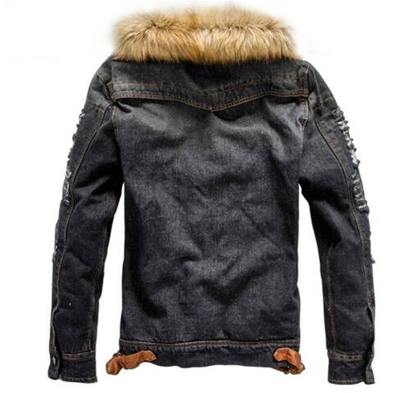 Mens Denim Jacket with Fur Collar Retro Ripped Fleece Jeans Jacket and Coat for Autumn Winter