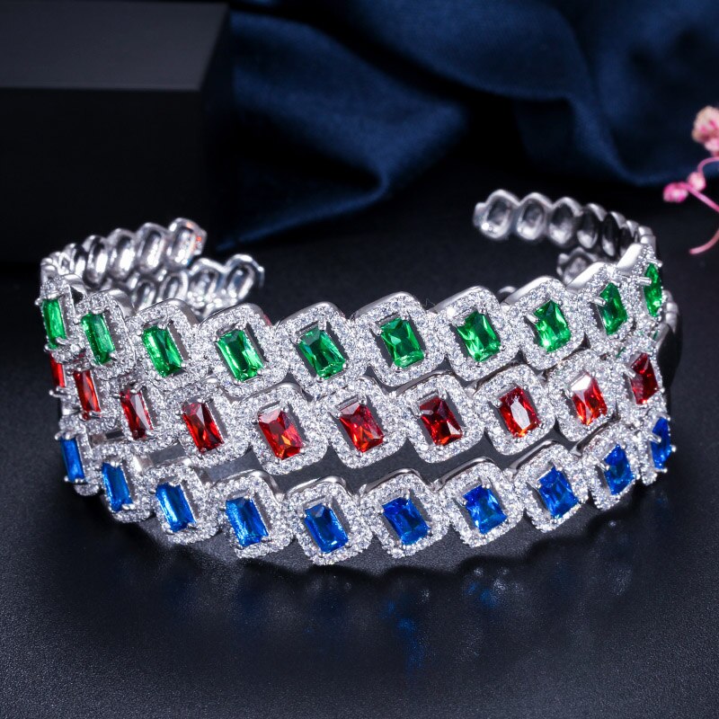 CWWZircons Silver Color Micro Pave Green Blue Cubic Zirconia Stone Love Open Cuff Ladies Bangles Jewelry for Wedding Party BG030