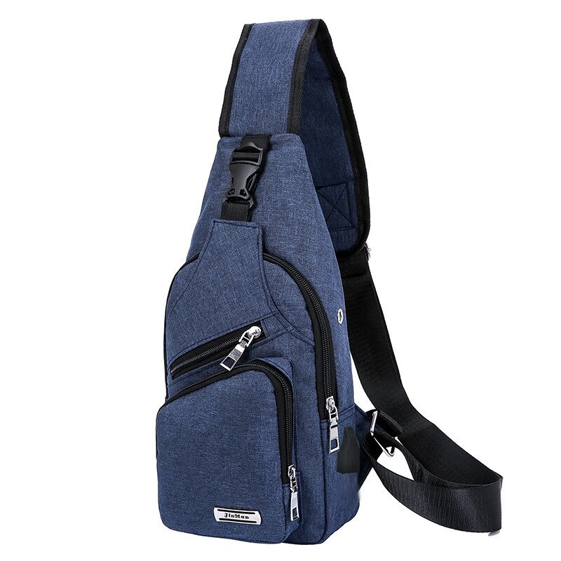 Newest Men's Shoulder Bag Sling Chest Pack USB Charging Sports Crossbody Handbag: Blue