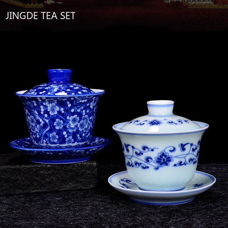 Chinese Blue and White Porcelain Gaiwan Handmade Teacup Exquisite Ceramic Tea Bowl Home Teaware Drinkware Personal Cup 200ml