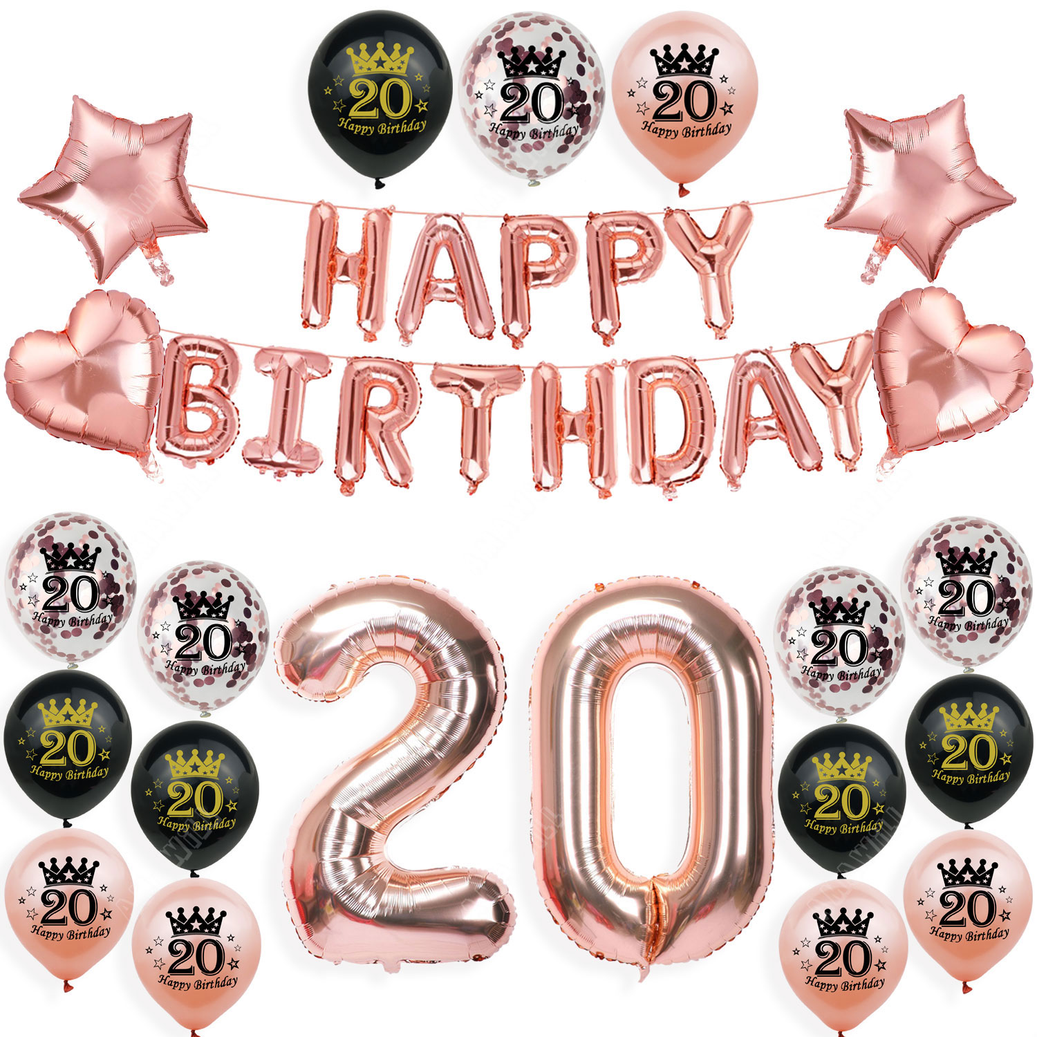 Amawill Happy 20 Birthday Balloons Rose Gold Theme Number 20th Years Old Adult Anniversary Party Decorations Man Woman Supplies