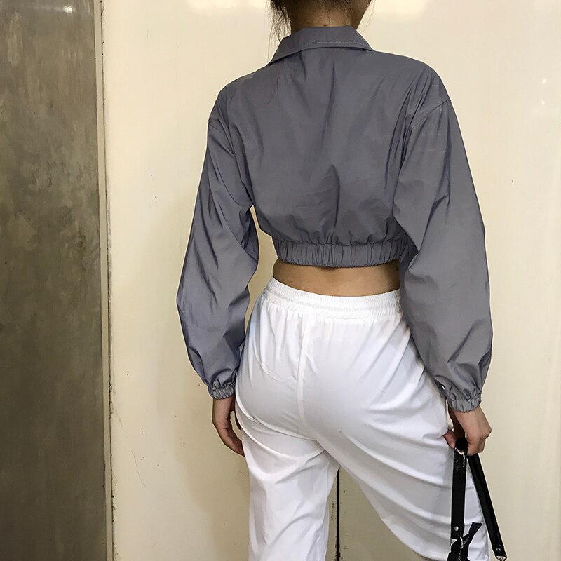 Weekeep streetwewar cropped reflekterende jakke kvinder løs pullover lynlås turn down krave jakker elastisk talje bomber jakke