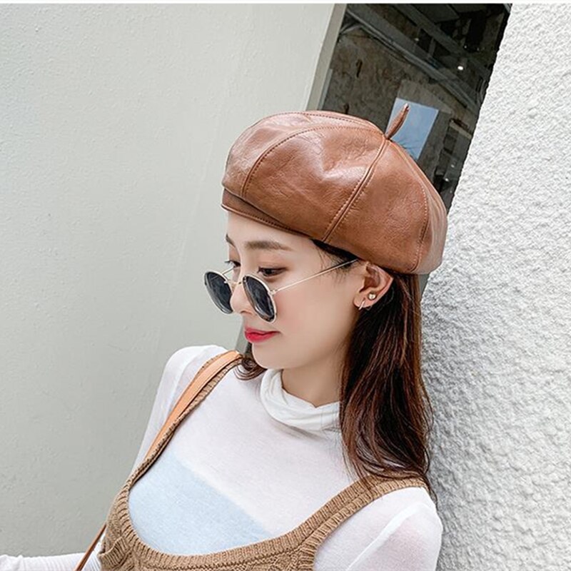 Boina de cuero PU para mujeres, de señoras, gorras negras, azafata, boina roja amarilla, Otoño Invierno, sombreros de artista