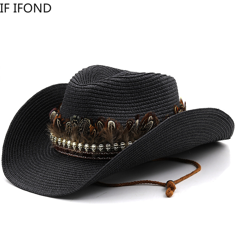 Hand Made Straw Western Cowboy Hat For Women Men Summer Curling Brim Beach Sun Hats Panama Cowgirl Jazz Cap