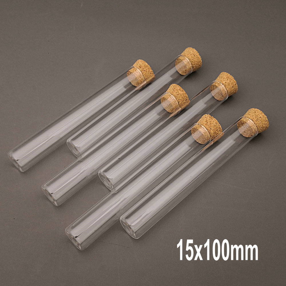 Tubo de ensayo de vidrio transparente para laboratorio, contenedor de Vial de fondo plano con tapones de corcho, diámetro de 12mm, 13mm, 15mm y 18mm, 20 unids/lote