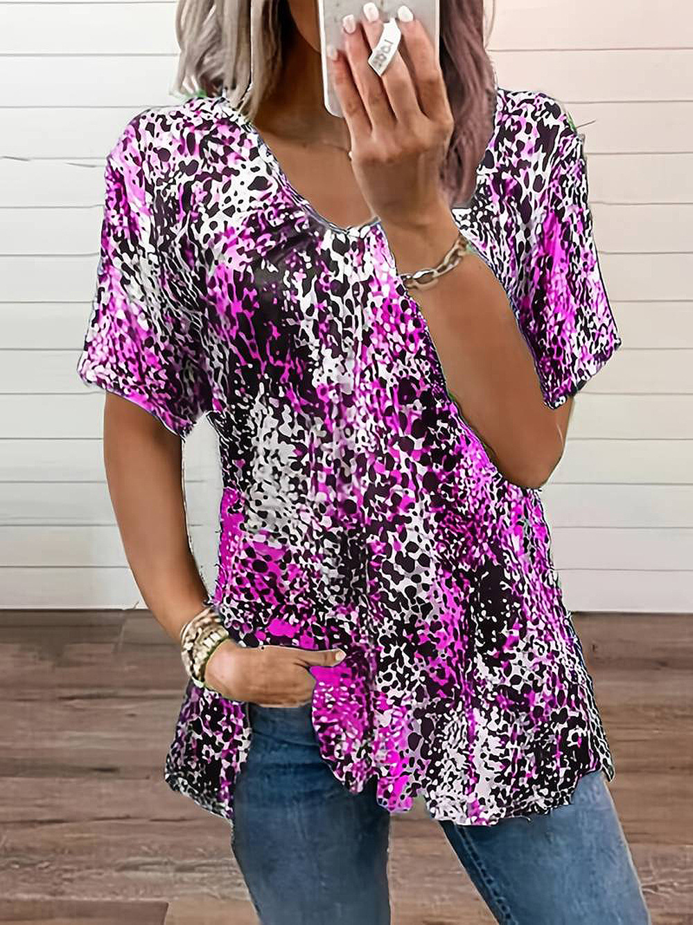 Veste Plissée à Manches Courtes et Imprimé Léopard, Grande Taille, pour l'Été, Europe et États-Unis: L / Violet