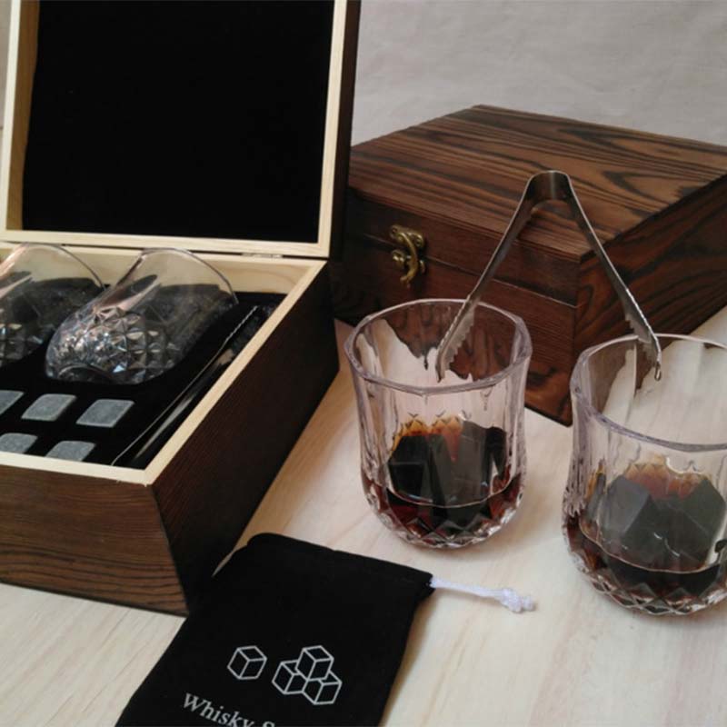 1 Set Whiskey Stones Set -Granite Chilling Stones Whisky Rocks - Reusable Ice Cubes with Tongs Stopper - Best Drinking