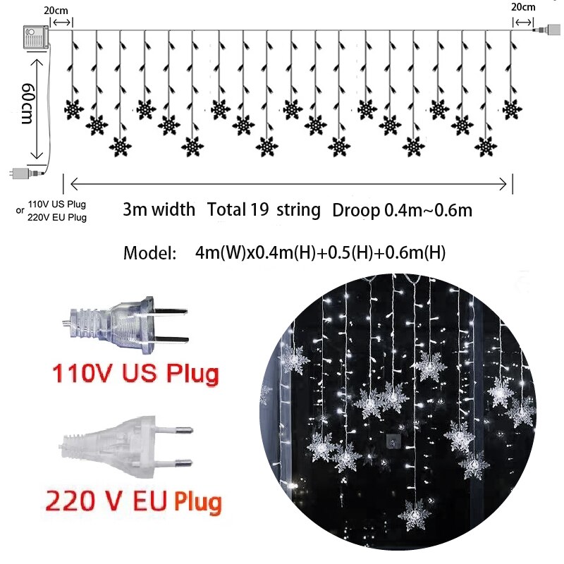 Christmas snøfnugg ledet streng lys blinkende fe lys gardin lys fancy fest år dekorasjon: Hvit / Eu-plugg 220v