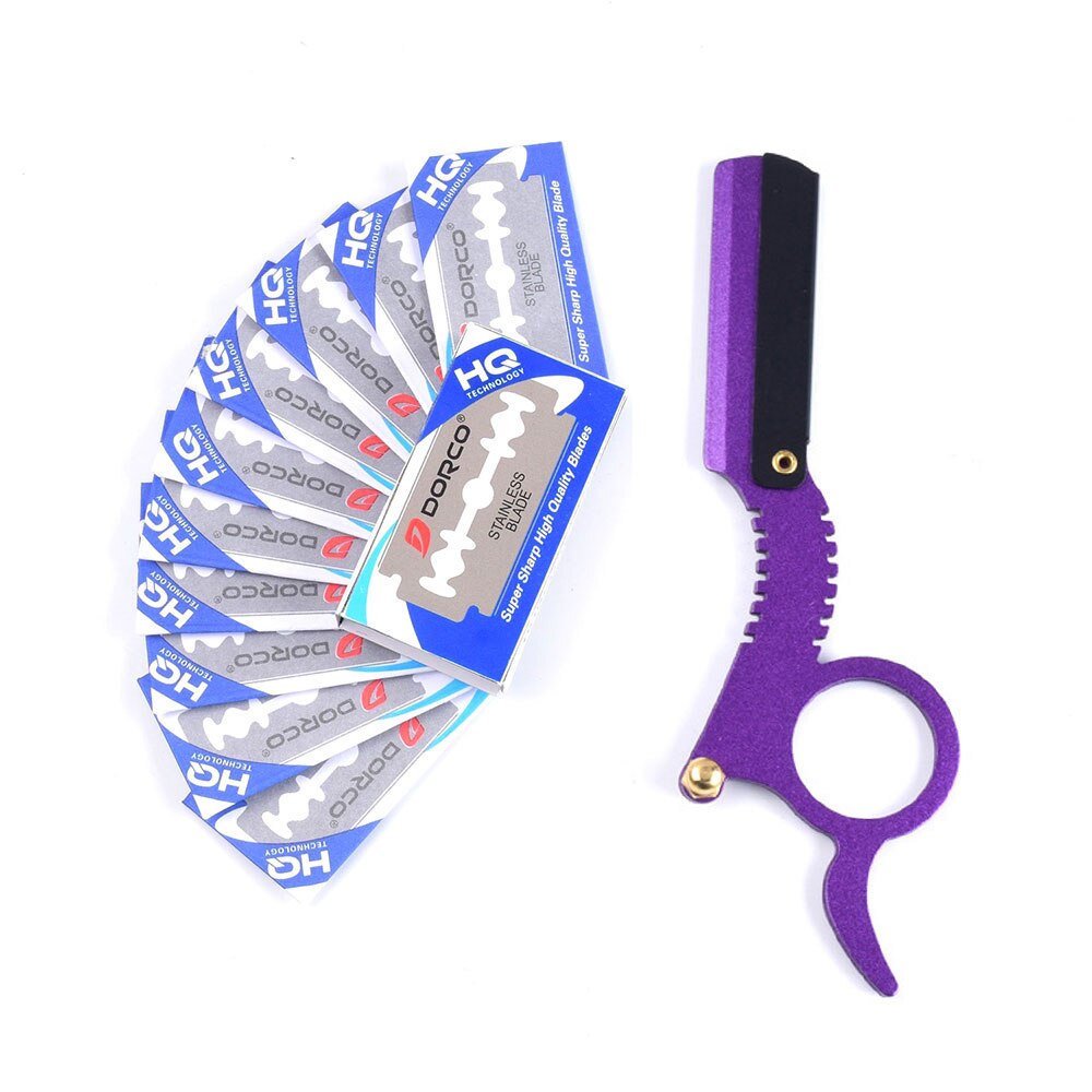Multi-function Barber Beard Straight Edge Razor with 10 Knife Blades Eyebrow Trimming Blades Replaceable Beard Shaving Tools: Purple 